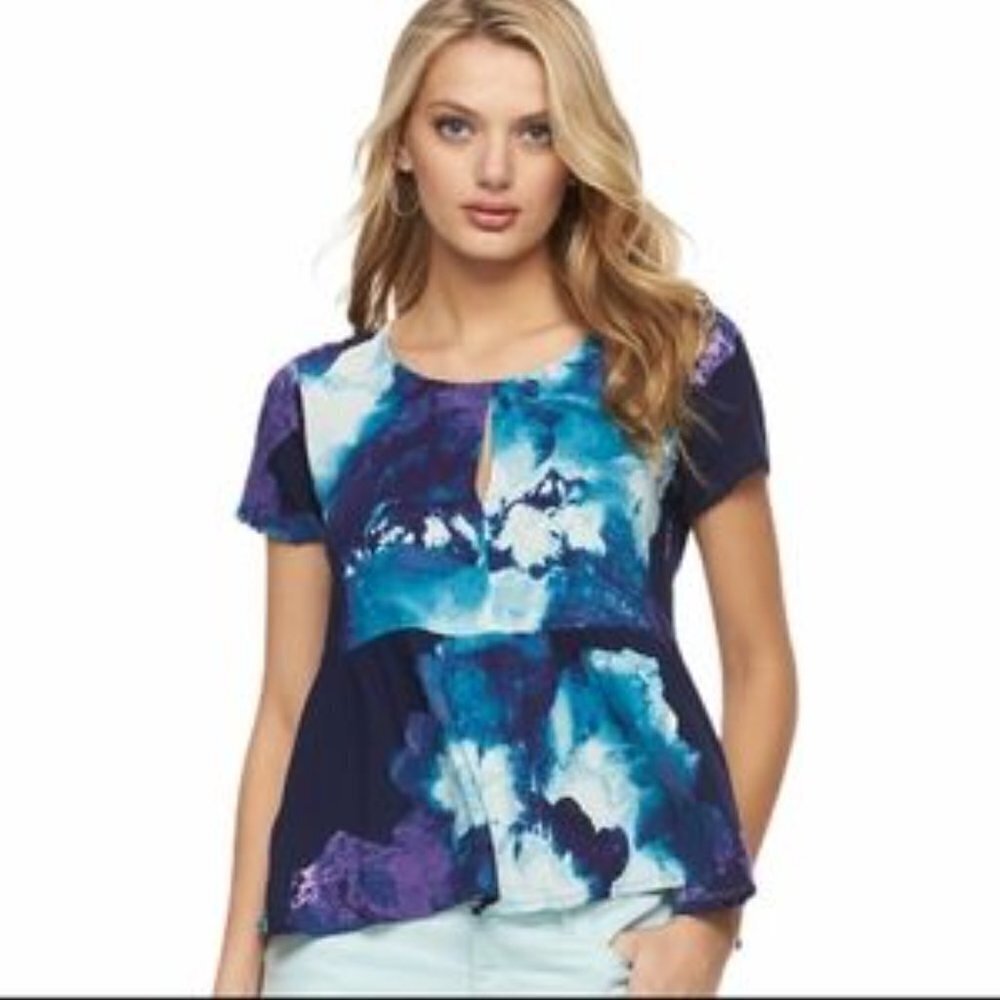 $10 SALE Juicy Couture Blue Floral Watercolor Blouse Top Short Sleeve Shirt L